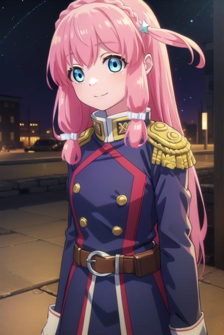 nei ookawamura, long hair, blue eyes, hair ornament, pink hair, braid, gloves, boots, belt, skirt, uniform, military, military uniform, epaulettes,