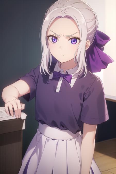 shinokiryuu, <lora:shino kiryuu s2-lora-nochekaiser:1>,
shino kiryuu, (purple eyes:1.1), white hair, hair bow, purple ribbon, frown, angry, (flat chest:1.2),
BREAK skirt, shirt, bow, school uniform, white shirt, short sleeves, pleated skirt, bowtie, blue skirt, 
BREAK indoors, classroom,
BREAK looking at viewer, (cowboy shot:1.5),
BREAK <lyco:GoodHands-beta2:1>, (masterpiece:1.2), best quality, high resolution, unity 8k wallpaper, (illustration:0.8), (beautiful detailed eyes:1.6), extremely detailed face, perfect lighting, extremely detailed CG, (perfect hands, perfect anatomy),