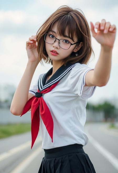 (Soft Lighting Photography by Mimoza Veliu and Mario Giacomelli:1.2), NSFW, 1girl, solo, glasses, school uniform, brown hair, serafuku, skirt, brown eyes, outdoors, looking at viewer, neckerchief, pleated skirt, black serafuku, black skirt, parted lips, red neckerchief, day, short hair, cowboy shot, wavy hair, sailor collar, short sleeves, standing, shirt, sky, black sailor collar, 
beautiful face, sexy, dynamic poses,