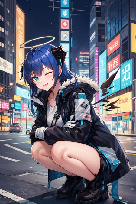 1girl, solo, squatting, mostima \(arknights\), halo, detached wings, demon horns, main outfit, black jacket, open jacket, mismatched gloves, fur-trimmed hood, white shirt, black short shorts, collarbone, ankle boota, smile, one eye closed, (street), cyberpunk city, neon lights, night  <lora:mostima:1>