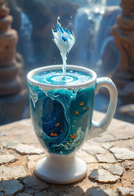 SilverPulse,tilt-shift photo of best quality double exposure complex surreal painting on cracked paper, macro, microworld,  hyperdetailed,   insanely detailed, surreal, tiny genie spirit creature, flying oasis landscape placed inside a cup on the table in room. waterfall, lotus flowers,temple palms desert filigree, table cinematic, big eyes 32k, by Rockwell, WLOP Ryniac, Craola, Disney, van Gogh, highly detailed, intricated, intricated pose, high quality, centered, perfect composition.,
<lora:Midjourney_-_SemiReal_Dreams_FLUX_LoRA:1>,<lora:hyper-detail-illustration:1>, Selective focus, miniature effect, blurred background, highly detailed, vibrant, perspective control