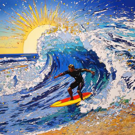 SuzukiEizin,Surfer, Hawaiian coast, strong man, wetsuit, surfboard, waves, sun, sea spray, beach, vibrant colorsblue sky