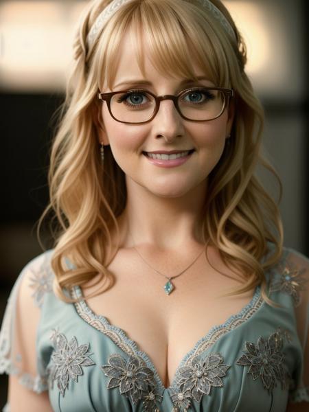 MelissaRauch768 , small glasses, smile, detailed eyes, photography, trending on artstation, sharp focus, studio photo, intricate details, highly detailed, by greg rutkowski     <lora:MelissaRauch768:0.7>