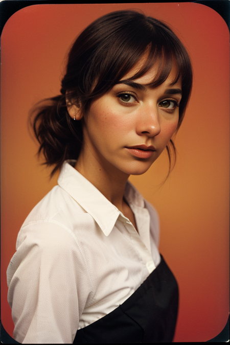 RashidaJones, Century Camera Co. Studio, 160mm f/8, 1/10s, ISO 25, ((tintype, portrait, full color, bold color, orange, red, gradient)), blouse, ((geometric halftone background))