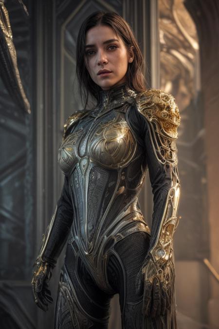 Raw Photo of planetary explorer of harsh alien worlds, wearing transparent, ((translucent), gold filigree biomechanical suit, gold filigree gloves, ((light bokeh)), intricate, elegant, sharp focus, soft lighting, vibrant colors, masterpiece, detailed face, intricate details, cinematic shot on Nikon z9 mirrorless camera, ultra realistic, (art by Darek Zabrocki and Giger and Cedric Peyravernay),  (detailed exterior sci-fi environment :1.4), Dystopian, photorealistic, epic, highly detailed eyes, eyes are identical and symmetrical  <lora:more_details:0.9> ((eye contact)), looking at viewer