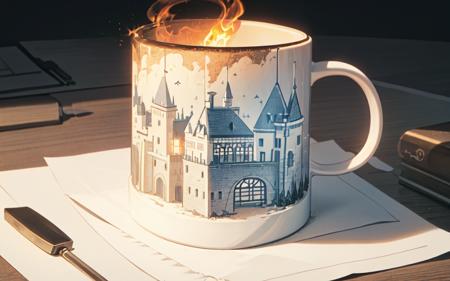 (best quality, masterpiece), , ( ,castle, paper, electromagnetic wave, torch, table,mug)