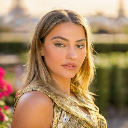 Madcline, 8k, RAW close-up photograph, standing in a garden, paris in the background, eifel tower, (((full body photograph))), golden hour, detailed face, detailed face