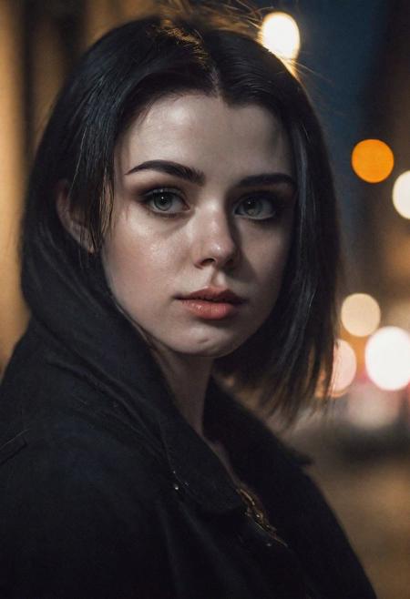 Portrait face Solo female ciborg in city, photograph ,pale beautiful Irish woman, black hair,  beautifull eyes, night time, cinematic composition,  cinematic filtering