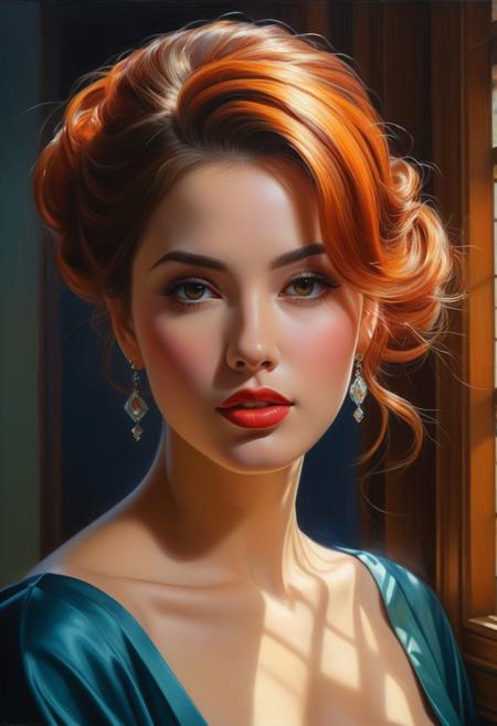 Her presents radiate , score 9,score 8 up,score 7 up,score 6 up,score 5 up,Full figure painting of a woman ,yassification,  beauty filter ,look away,  fusion of Vladimir Volegov and Frank Cho style, set against a complex background that invokes the charm of gothic art, her colored hairstyle meticulously rendered, perfect lighting and composition, oil painting,deep emotions, masterpiece with vivid colors, highly detailed, best quality, ultra-realistic elaborate hairstyle, ((global light, chiaroscuro, ray tracing:1.2))  Hollywood light, ray tracing, chiaroscuro, (extra high quality:1.5)