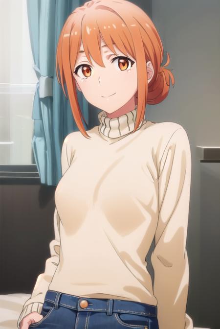 yuigahamama, <lora:mother yuigahama s2s3-lora-nochekaiser:1>,
mother yuigahama, hair bun, mature female, (orange eyes:1.5), orange hair, short hair, single hair bun, hair between eyes, sidelocks, smile,
BREAK denim, jeans, pants, sweater, turtleneck, turtleneck sweater, white sweater,
BREAK indoors, bed,
BREAK looking at viewer, (cowboy shot:1.5),
BREAK <lyco:GoodHands-beta2:1>, (masterpiece:1.2), best quality, high resolution, unity 8k wallpaper, (illustration:0.8), (beautiful detailed eyes:1.6), extremely detailed face, perfect lighting, extremely detailed CG, (perfect hands, perfect anatomy),