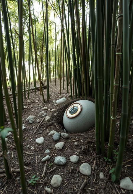 A serene bamboo grove hiding the remains of a half-buried android, its eye faintly glowing, minimalist land art, natural materials, stones sticks earth, simple geometric shapes, circles lines spirals, harmony with landscape, themes of journey and impermanence, human impact on environment, subtle and contemplative, connection to nature, art and natural world relationship