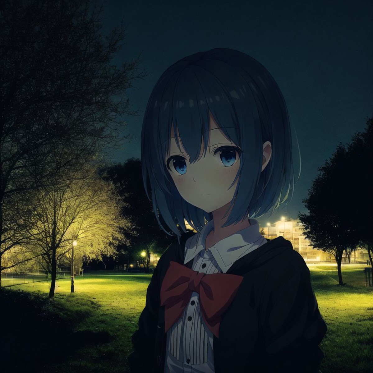 <lora:anime_irl:1>, anime_irl,  a street light shines brightly on a dark night in a park with bare trees and grass on the ...