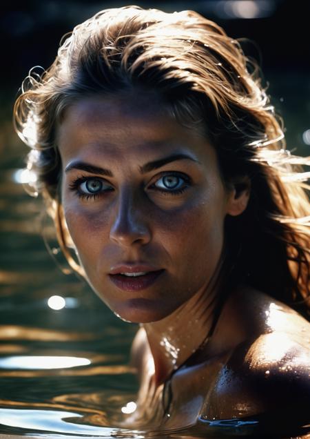 Suzanne v9, in the style of hyper - realistic water, emotive lighting, expressive eyes, candid celebrity shots, light navy and brown, photo taken with provia, les nabis