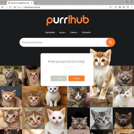 Screenshot from the most famous cat photo website, "Purr Hub", the logo is a name itself "purr" in white font and "hub" in black font, "hub" is inside an orange rounded rectangle. The website has a dark theme and shows a grid of photographs of various cute cats. a cute kitten stands next to the search bar. in the center of the page is a popup captcha window that reads "Prove you are not a dog" with two option buttons "i'm a dog" "i'm a cat".