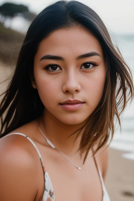 RAW photo, (1girl, upper body, beautiful face, at the beach),(high detailed skin:1.2), 8k uhd, dslr, soft lighting, high quality, film grain, Fujifilm XT3 ,(close-up), upper body, (dim lit room), film stock photograph, f1.6 lens, hyper realistic, dramatic lighting