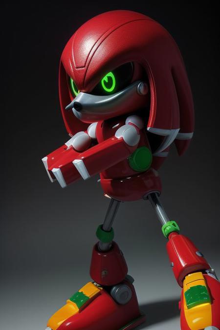 Metal Knuckles, red robot, black sclerae and green pupils,red ellipsoid torso with a rectangular intake with a white rim on its chest, metal dreadlocks, long and thick paws with two gray and sharp claws