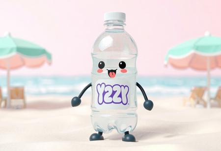 A cute, semi-melted plastic water bottle character standing on a soft pastel beach. The bottle is half-empty, with a clear, glossy texture and simple cartoonish eyes (tiny black dots), a droopy open mouth with its tongue sticking out from the heat. It has soft, black stick arms and legs ending in rounded blob-like hands and feet. The bottle’s label is warped and bubbly, featuring bright bubble-style Y2K fonts. The beach is stylized and minimal: smooth sand, soft waves, bright umbrella silhouettes. Rendered in 3D kawaii blob style, with soft shadows, matte reflections, and toy-like textures. The scene has a vaporplastic color palette: pastel pinks, sky blue, mint green, and glossy white. Slight lens blur and bloom effects enhance the toy-like feel.