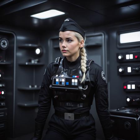 a cinematic film portrait still of a young and attractive female Tie Pilot, with glowing white pupils and white hair in a bun, wearing an officer cap sitting on her sci-fi bunk bed, in a sci-fi ship, full body shot <lora:Imperial_Tie_Pilots:0.6>. shallow depth of field, vignette, highly detailed, high budget Hollywood movie by baz luhrmann, bokeh, cinemascope, moody, epic, gorgeous, film grain, grainy