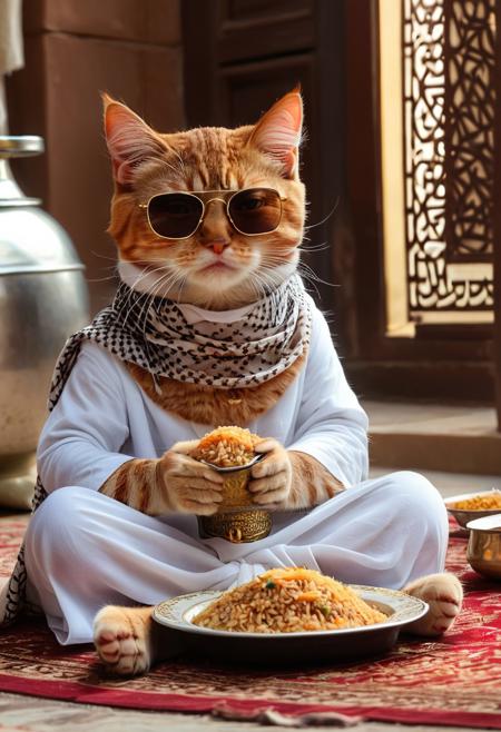muslim boy cat, wearing arabic scraf, white arabic clothes, keffiyyeh, biryani rice, camel meat, arabic cuisine, on the floor, iftar ramadhan, cat act like male muslim ready to eat, arabic sultan, sunglasses, cat smile, pride,