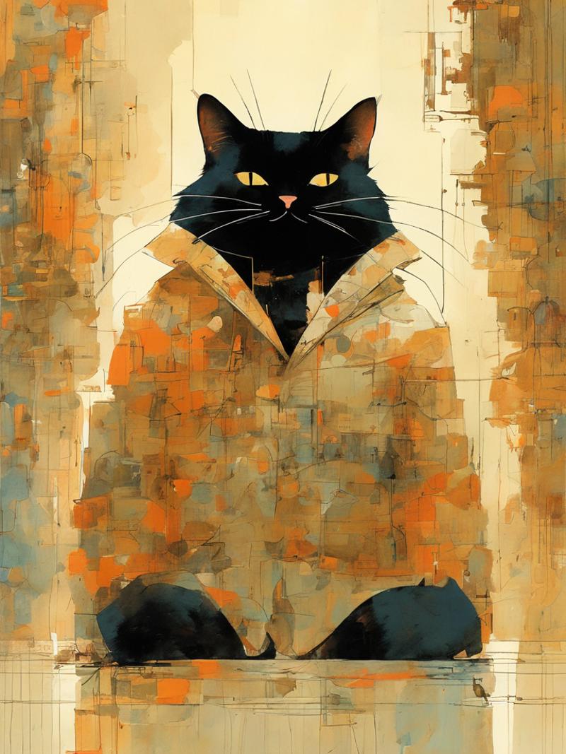 A black cat wearing a jacket and sitting on a wall.