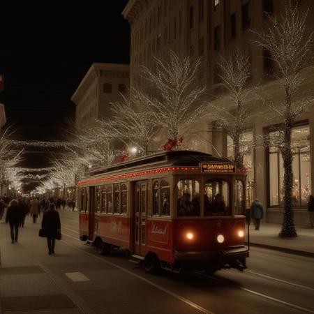 early evening, downtown with Holiday Decorations, storefronts are decorated for holidays, Trolly heading into downtown, people on the sidewalks looking into windows