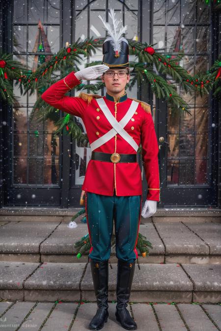 RAW photo, a portrait photo of 20 y.o man wearing glasses, (christmas toy soldier costume), (saluting in front of a (Christmas castle:1.2)), full body, 8k uhd, high quality, film grain, Fujifilm XT3, <lora:christmas_toy_soldier_costume-02:0.6>