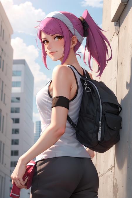 masterpiece, best quality, leah, ponytail, white tank top, sweatband, armband, black sweatpants, sneakers, standing, from side, sweating, from behind, looking at viewer <lora:leah-nvwls-v1-000010:0.9>