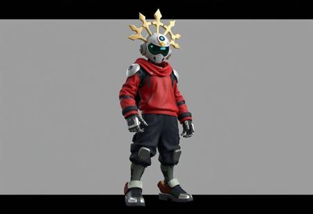 Create a highly detailed, lifelike 3D render of a robot wearing a bone crown and holding a staff, inspired by Jiro Yoshihara's style. The robot should be dressed in casual streetwear with a red and black paint scheme. Incorporate the golden ratio in the composition. # Context Generation Use Boku no Hero Academia as a reference for the hero action pose and incorporate elements of streetwear fashion. Consider the work of Fan Qi and the aesthetics of badgers. # Output Format Produce a 4K resolution image with a gray background, rendered in Unreal Engine 5 using Octane Render. The output should be in the style of ArtstationHD, with a focus on luminous details. # Examples [Input] Robot wearing a bone crown and holding a staff, with a red and black paint scheme. [Output] A highly detailed, lifelike 3D render of the robot in a hero action pose, with a focus on streetwear fashion and the golden ratio.