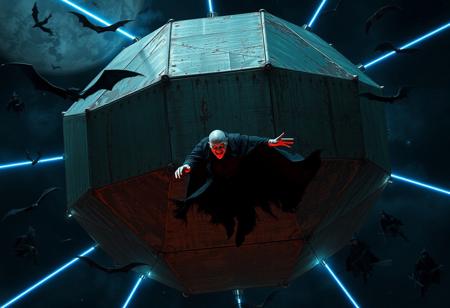 “A massive, decayed geodesic octagon structure floats in the eerie vastness of outer space, its metallic panels corroded with shades of dark green, rust, and streaks of slimy decay. Neon blue lines flicker faintly, casting an ominous glow. The scene is haunted by spectral bats swooping around, trailing smoky shadows as they pass. Ghostly witches in flowing tattered cloaks ride across the scene on their broomsticks, leaving trails of dark mist in zero gravity. Suspended near the octagon’s surface is a pale, sinister figure resembling Dracula himself, with a dramatic black cape flowing outward, proclaiming, ‘Sono il Conte Jaculaaaaaaaaaaaaa!’ His eyes glow blood-red, illuminating a ghostly smile. Other vampiric figures emerge from shadowy depths, each with sharp, elongated fangs, adding to the haunting atmosphere. Around the octagon, fragments of decayed pumpkins and desiccated vines float, enhancing the macabre Halloween setting. In the background, stars cast a faint, ghostly light over the scene while a swirling nebula glows with faint orange and purple hues, giving a haunted galaxy effect. Captured with Panavision optics, the details are intensely realistic in 8K ultra-HD, while the Octane Render highlights every decayed texture, eerie lighting, and supernatural detail, bringing a cinematic, haunted Halloween vibe to life.”