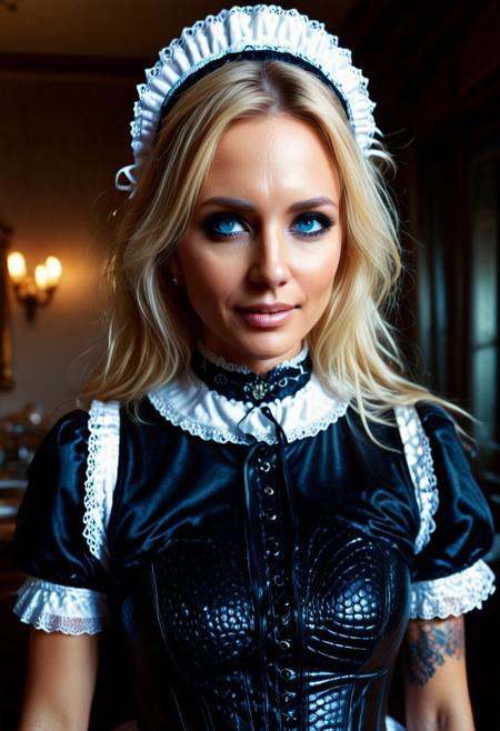 beautiful female, score_9, score_8_up, score_7_up, score_6_up, score_5_up, score_4_up, UHD, 8K, masterpiece, detailed, ultra_high_resolution, lots of detail, OverallDetailXL, detailxl, Masterpiece, 32k, photorealistic:1.4, small waist, fitness body, toned muscles, wide hips, slender legs, high cheekbones, oval face, 32 years old, mature female, milf, makeup, curvy, pretty face,  jewelry, solo, seductive smile, sultry, serious stare, stern look, natural skin, long hair, realistic photograph, blond, natural eyes,  (Victorian french maid costume made of reptile_skin:2), sitting, (high neck closure:2), (fully dressed:2.6), kpop, wrinkles, laugh lines, (brunhilde_goth:1.7), dark makeup, tattoo, spiked bracelet made_of_reptile_skin, Mature brunette, (large kitchen:1.2), women, natural hands.