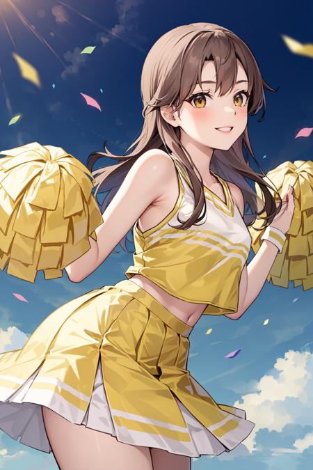 (masterpiece), (best quality), (ultra-detailed), photorealistic, (best illustration), ((an extremely delicate and beautiful)), 1girl, cheerleader, cowboy shot, ((pom pom \(cheerleading\))), arashio kai ni, brown hair, long hair, brown eyes, smile, <lora:kancolle_arashiokaini:0.6:lbw=OUTD>  <lora:acogare_gfw_cheer_girl_nai_4:0.8:lbw=INS_MIDD>, ((yellow clothing)), pleated skirt, (hands:-0.4), arms behind back, leaning forward, brown eyes, holding pom poms, blue sky, sunlight, confetti,