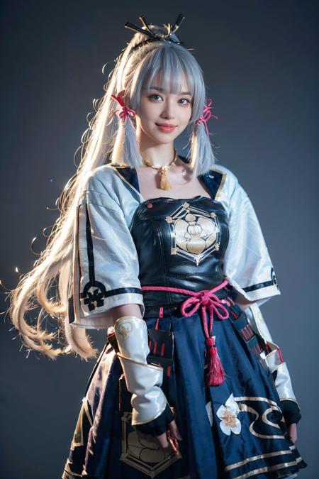 best quality, masterpiece, photorealistic, 1girl, solo, standing, cowboy shot, looking at viewer, smile, closed mouth, bangs, kamisato cosplay costume, cosplay, light blue hair, long hair, ponytail, hair ornament, ribbon, hair ribbon, japanese clothes, armored dress, japanese armor, arm guards, fingerless gloves, tress ribbon, tassel, simple background, <lora:genshin_Kamisato_cosplay_v1:0.7>