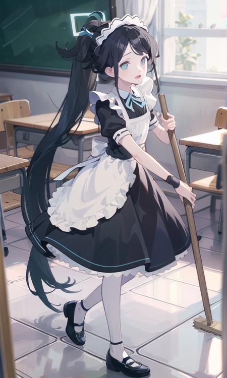 (masterpiece, best quality, highres), 
<lora:aris_v02:0.6> , aris tendou, aris tendou \(maid\), very long hair, ponytail, shoes, holding, holding broom, shoes, broom, halo, mop, open mouth, 
indoors, classroom,