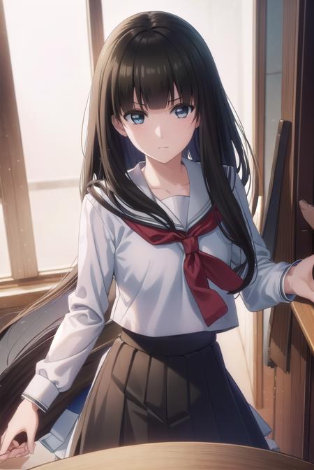 mikotokuga, <lora:mikoto kuga s1-lora-nochekaiser:1>,
mikoto kuga, long hair, bangs, black hair, blunt bangs, (black eyes:1.3),
BREAK skirt, long sleeves, bow, school uniform, white shirt, serafuku, black skirt, sailor collar,
BREAK indoors, classroom,
BREAK looking at viewer, (cowboy shot:1.5),
BREAK <lyco:GoodHands-beta2:1>, (masterpiece:1.2), best quality, high resolution, unity 8k wallpaper, (illustration:0.8), (beautiful detailed eyes:1.6), extremely detailed face, perfect lighting, extremely detailed CG, (perfect hands, perfect anatomy),