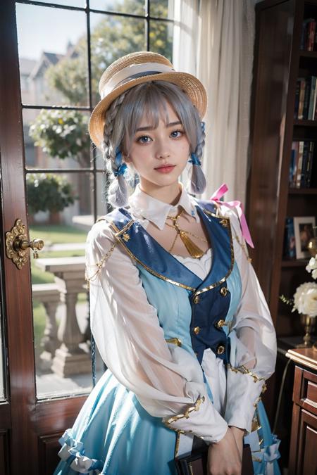 <lora:ayaka:0.7>,kamisato_ayaka,1girl,hat,blue hair, braid, blue eyes, white pantyhose,upper body, blue dress, smile, indoors, decorations, doors, chandelier, book shelf, window