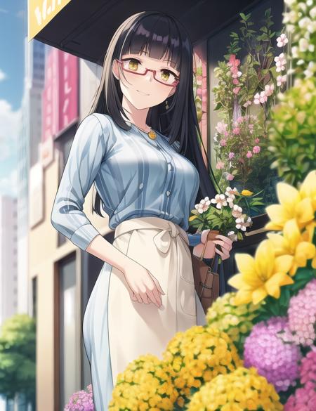 ultra high quality illustration, anime, high quality , 8k, masterpiece, realistic human female, realistic proportions, detailed face, smooth soft skin, realistic dreamy eyes, beautiful intricate colored hair, symmetrical, intricately detailed hair, soft lighting, detailed eyes, beautiful, (looking at the viewer), smooth skin, perfect skin, (beautiful detailed face), black hair, yellow eyes, smile, bangs, 1girl, realistic face, solo, satori utsugi, jewelry, realistic, long hair, breasts, blush, bangs, skirt, shirt, long sleeves, holding, flower, outdoors, glasses, day, striped, pants, blunt bangs, bag, apron, blue shirt, plant, semi-rimless eyewear, pink flower, red-framed eyewear, under-rim eyewear, striped shirt, yellow flower, purple flower, potted plant, shop