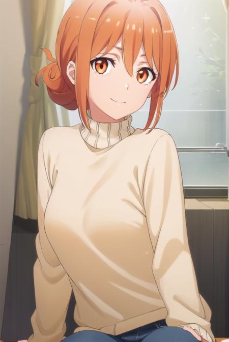 yuigahamama, <lora:mother yuigahama s2s3-lora-nochekaiser:1>,
mother yuigahama, hair bun, mature female, (orange eyes:1.5), orange hair, short hair, single hair bun, hair between eyes, sidelocks, smile,
BREAK denim, jeans, pants, sweater, turtleneck, turtleneck sweater, white sweater,
BREAK indoors, bed,
BREAK looking at viewer, (cowboy shot:1.5),
BREAK <lyco:GoodHands-beta2:1>, (masterpiece:1.2), best quality, high resolution, unity 8k wallpaper, (illustration:0.8), (beautiful detailed eyes:1.6), extremely detailed face, perfect lighting, extremely detailed CG, (perfect hands, perfect anatomy),