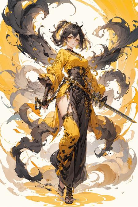 1girl, weapon, sword, jewelry, earrings, black_hair, breasts, solo, gloves, holding_weapon, holding_sword, medium_breasts,full body, yellow theme
,,   <lora:niji_wushi:0.68>