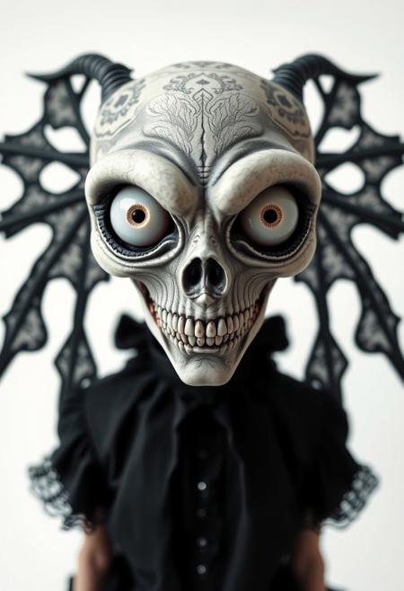 symmetrical front view, beautiful creature, zombie white eyeballs, victorian gothic black dress, white background studio