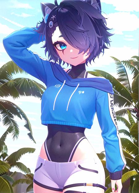 (best quality, high quality:1.2), (absurdres, masterpiece), (perfect face, perfect eyes), 1girl, solo, cowboy shot, snuffy \(vtuber\), SnuffyVRChatSwim, large breasts, (((black leotard:1.2))), bare shoulders, blue eyes, tail, raccoon ears, white shorts, virtual youtuber, covered navel, short hair, hair over one eye, thigh strap, standing, black hair, ((pale skin)), dynamic pose, double v, v, smile, looking at viewer, <lora:SnuffyVRChatSwimsuit:0.6>