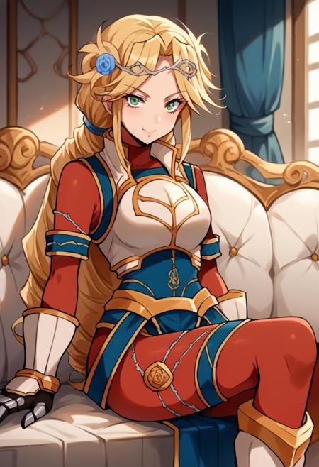 LakyusAlveinDaleAindra, long hair, drill hair, ponytail, hair flower, circlet LakyusAlveinDaleAindra, long hair, drill hair, ponytail, hair flower, circlet, red bodysuit, blue dress, breastplate, gauntlets, thigh strap, armored boots