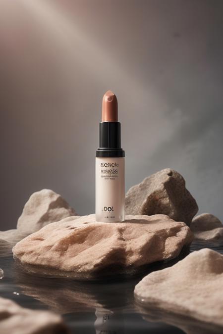dark red lipstick, ,rock, water, reflect, no humans, depth of field, spotlight from above, blue and grey background, scenery, still life (Product Photography)  <lora:Product Photography:0.85>
