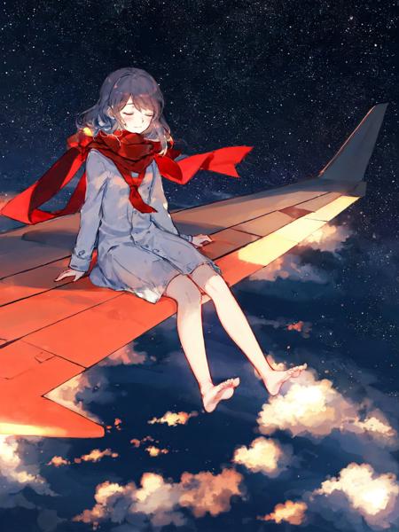 AirPlaneWingPose,  1girl, solo, long hair, sitting, closed eyes, sky, barefoot, cloud, scarf, star (sky), starry sky, red scarf","AirPlaneWingPose,  1girl, solo, airplane wing, long hair, sitting, closed eyes, sky, barefoot, cloud, scarf, star (sky), starry sky, red scarf <lora:AirPlaneWingPose:0.7>