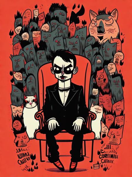 <lora:GemmaCorrell:1>a vampire russian kgb man, successfully pretending to be an ordinary human citizen, sits in a chair and stroking his beloved cat, By Gemma Correll