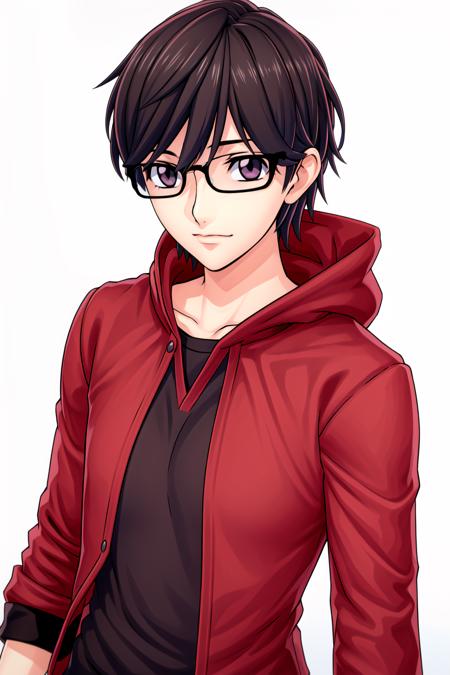 Simple White Background,
Red hooded jacket, short sleeves,
<lora:Hikari_Tomoaki_HollowEarthIsekai-KK77-V1:0.6>,black-framed eyewear,
black eyes, black hair,bangs,Short_hair,
<lora:lelouch_Code_geass-KK77-V1:0.4>,
<lora:Oda_Non_Style-KK77-V2:0.3>,<lora:more_details:0.1>,
1 boy, 20yo,male,Beautiful long legs,Beautiful body,
Beautiful Nose,Beautiful character design, perfect eyes, perfect face,expressive eyes,perfect balance,
looking at viewer,(Focus on her face),closed mouth, (innocent_big_eyes:1.0),(Light_Smile:0.3),
official art,extremely detailed CG unity 8k wallpaper, perfect lighting,Colorful, Bright_Front_face_Lighting,White skin,
(masterpiece:1.0),(best_quality:1.0), ultra high res,4K,ultra-detailed,
photography, 8K, HDR, highres, absurdres:1.2, Kodak portra 400, film grain, blurry background, bokeh:1.2, lens flare, (vibrant_color:1.2),professional photograph,