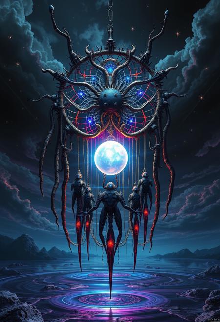 Visualize a gargantuan, biomechanical dreamcatcher suspended in a dark, surreal void, melding Claudio Aboy’s vibrant palette with H.R. Giger’s nightmarish intricacy. The dreamcatcher is constructed from alien, ribbed exoskeletons and sinuous, metallic tendrils, adorned with intricate, darkly organic patterns. Luminous, iridescent threads in electric blues, toxic greens, and blood reds weave through the structure, emitting a pulsating, eerie glow. At the center, a grotesque, opal sphere radiates beams of neon light, casting a sickly, phosphorescent hue across the surroundings. Beneath, an endless expanse of viscous, reflective liquid, swirling in deep indigos and unsettling purples, mirrors the biomechanical nightmare above. The sky is a macabre expanse of distorted, shadowy clouds in muted metallic tones, dotted with unsettling, glowing constellations and fragmented biomechanical shapes. From the dreamcatcher, a stream of pulsating, alien particles drifts downward, weaving through the oppressive, dark atmosphere.