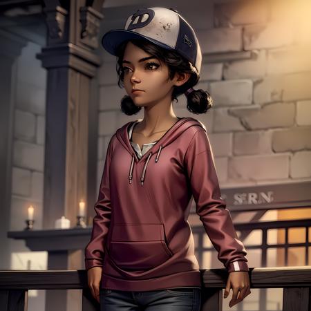 ((masterpiece, best quality)),(complex lighting) , solo,1girl,upper body, clementine,  dark skin,dark-skinned female,  <lora:ClementineWalkingDead1-10:0.8>, baseball cap, jeans, shirt,long sleeves, short twintails, hoodie,