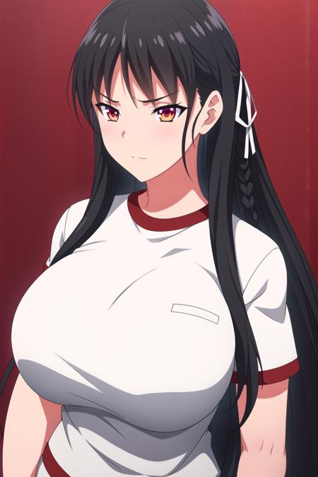 Simple red Background,
White shirt, short sleeves,
<lora:Suzune_Horikita_YouZitsu-KK77-V1:0.7>,gym uniform,
Orange eyes, Black hair,bangs,Long hair,hair ornament, white ribbon,braid, 
<lora:Oda_Non_Style-KK77-V2:0.3>,<lora:more_details:0.1>,
1 girl, 20yo,Young female,Beautiful long legs,Beautiful body,
Beautiful Nose,Beautiful character design, perfect eyes, perfect face,expressive eyes,perfect balance,
looking at viewer,(Focus on her face),closed mouth, (innocent_big_eyes:1.0),(Light_Smile:0.3),
official art,extremely detailed CG unity 8k wallpaper, perfect lighting,Colorful, Bright_Front_face_Lighting,White skin,
(masterpiece:1.0),(best_quality:1.0), ultra high res,4K,ultra-detailed,
photography, 8K, HDR, highres, absurdres:1.2, Kodak portra 400, film grain, blurry background, bokeh:1.2, lens flare, (vibrant_color:1.2),professional photograph,
(Beautiful,large_Breasts:1.4), (beautiful_face:1.5),(narrow_waist),