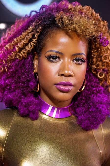 ultra realistic photography of Kelis (afro, lipstick) in a futuristic outfit, Afrofuturism, fashion, complementing colors, by Michael Malm, best quality, 8k, 85mm