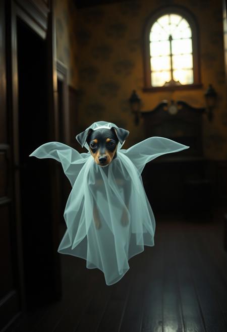 The ghost of Miniature Pinscher floating in an old mansion, Shy Miniature Pinscher. really cute ghost. The miniature Pinscher is a translucid ghost. Creepy ambiance